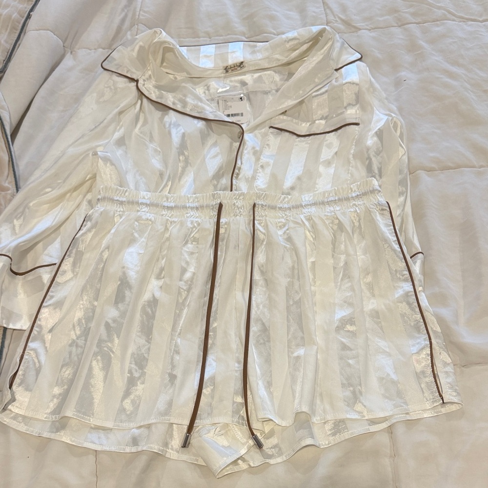 Free People Ivory Satin Stripe Pajama Set with Brown Piping